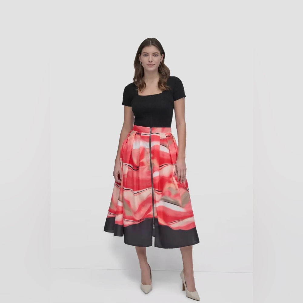 DKNY Front Zip Border Abstract Print Skirt